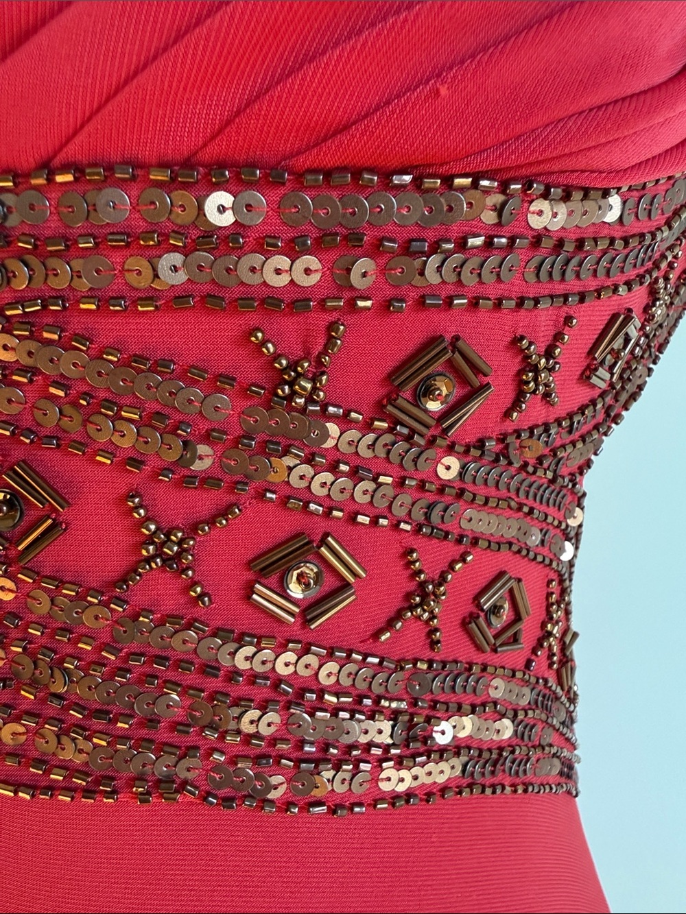 Asymmetrical One-Shoulder Red Evening Gown with Beaded Waist - Picture 3 of 9